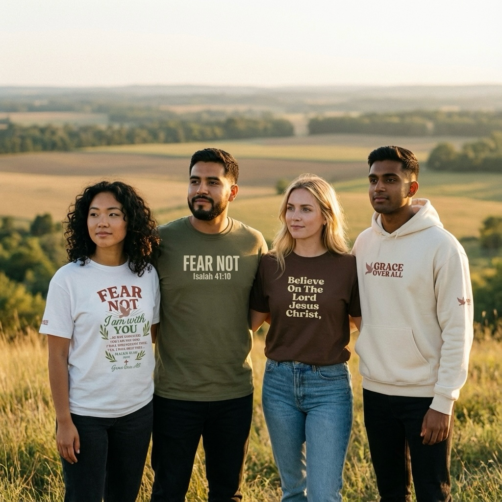 Group wearing Grace Over All faith apparel standing in an open field landscape, representing freedom, unity, and trust in God.