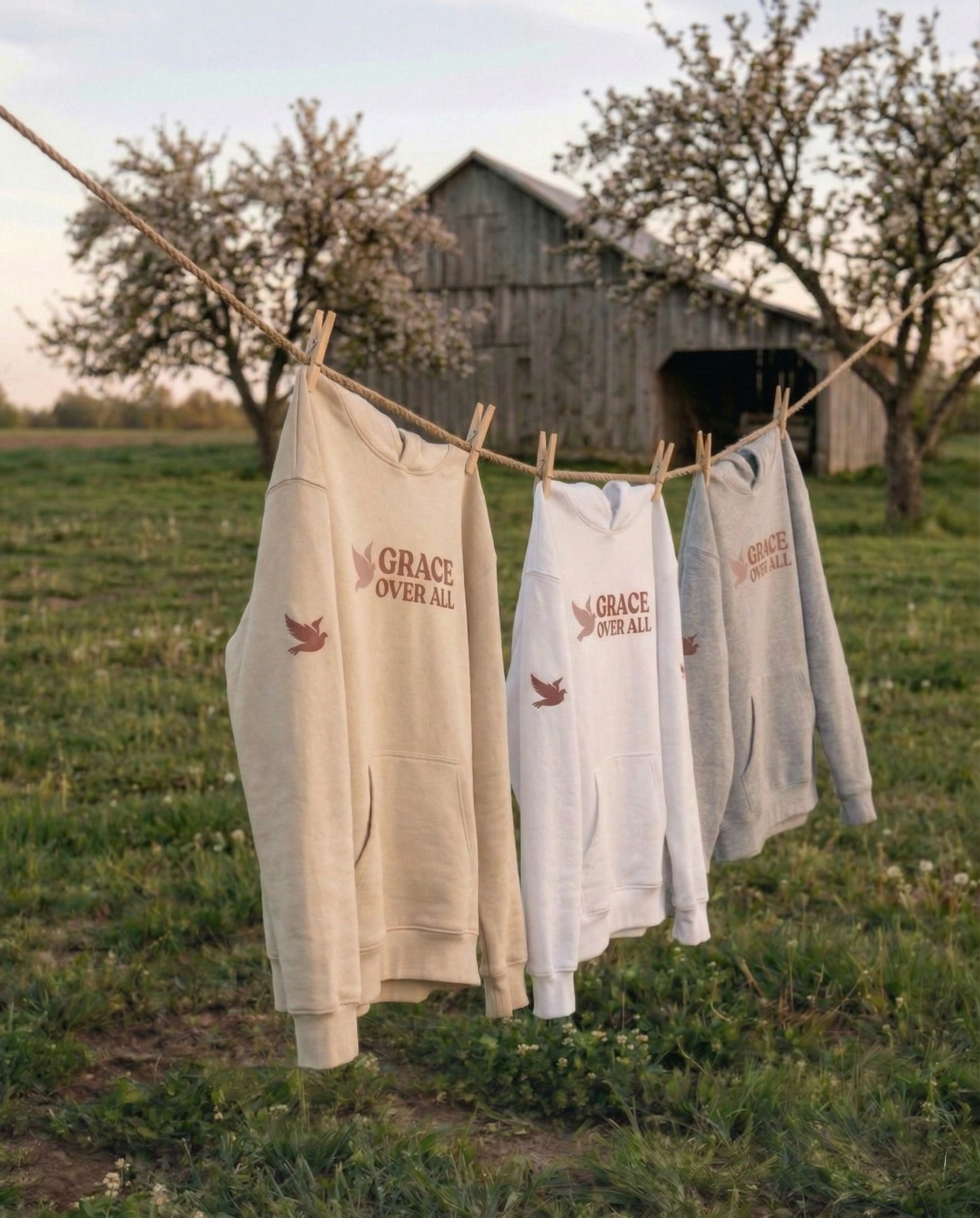 Grace Over All hoodies hanging on a clothesline in a natural outdoor setting, representing simple living, faith, and everyday lifestyle.