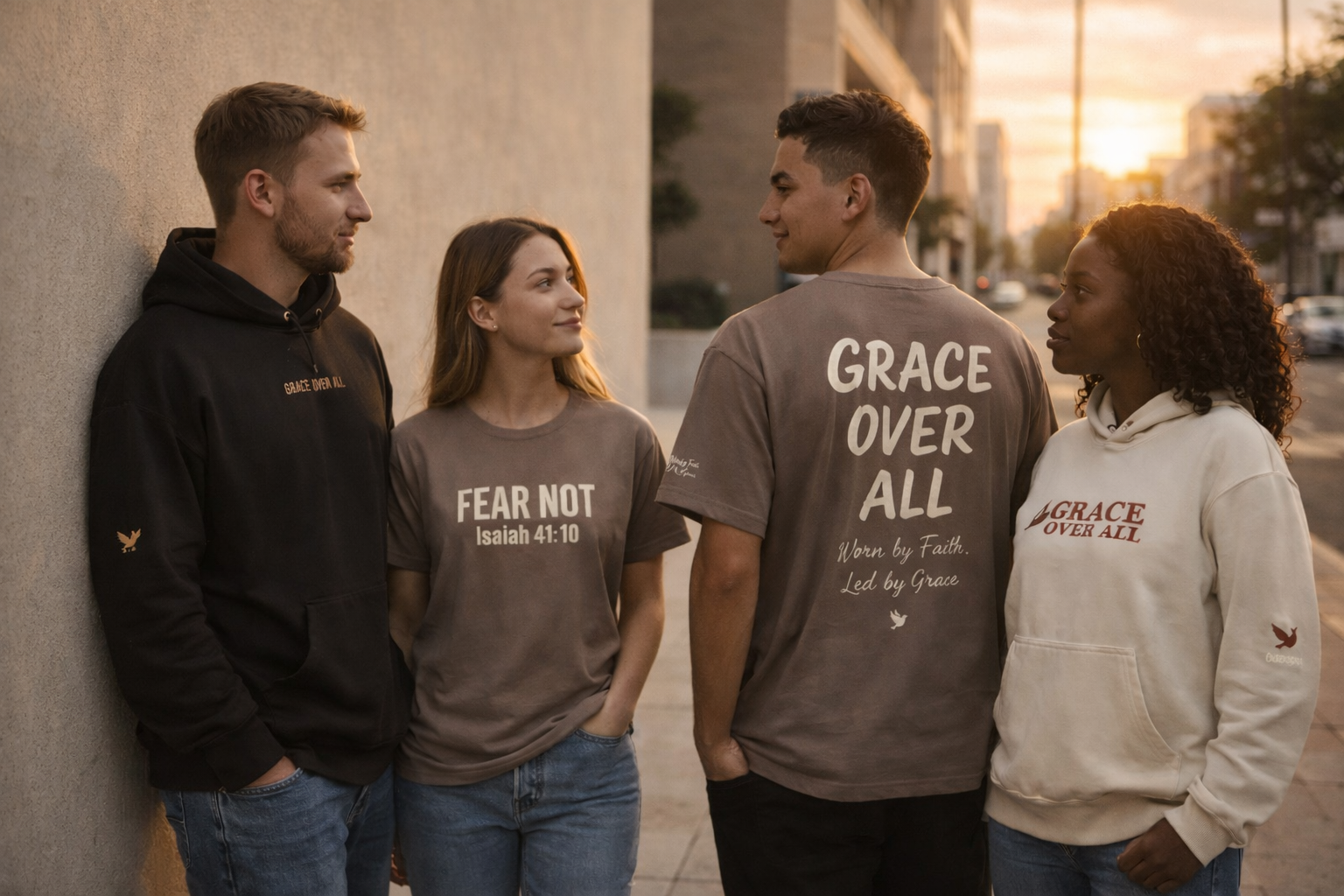 Group of people wearing Grace Over All streetwear in an urban sunset setting, expressing faith, community, and everyday lifestyle.