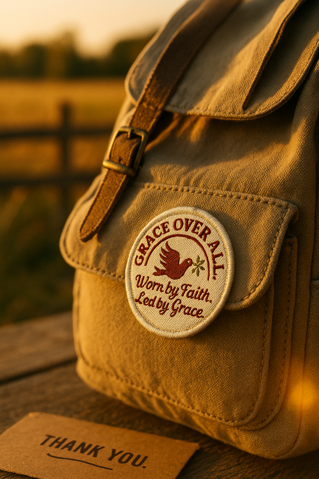 Brown canvas bag with Grace Over All patch in a warm sunset setting, representing faith-driven lifestyle and everyday carry.