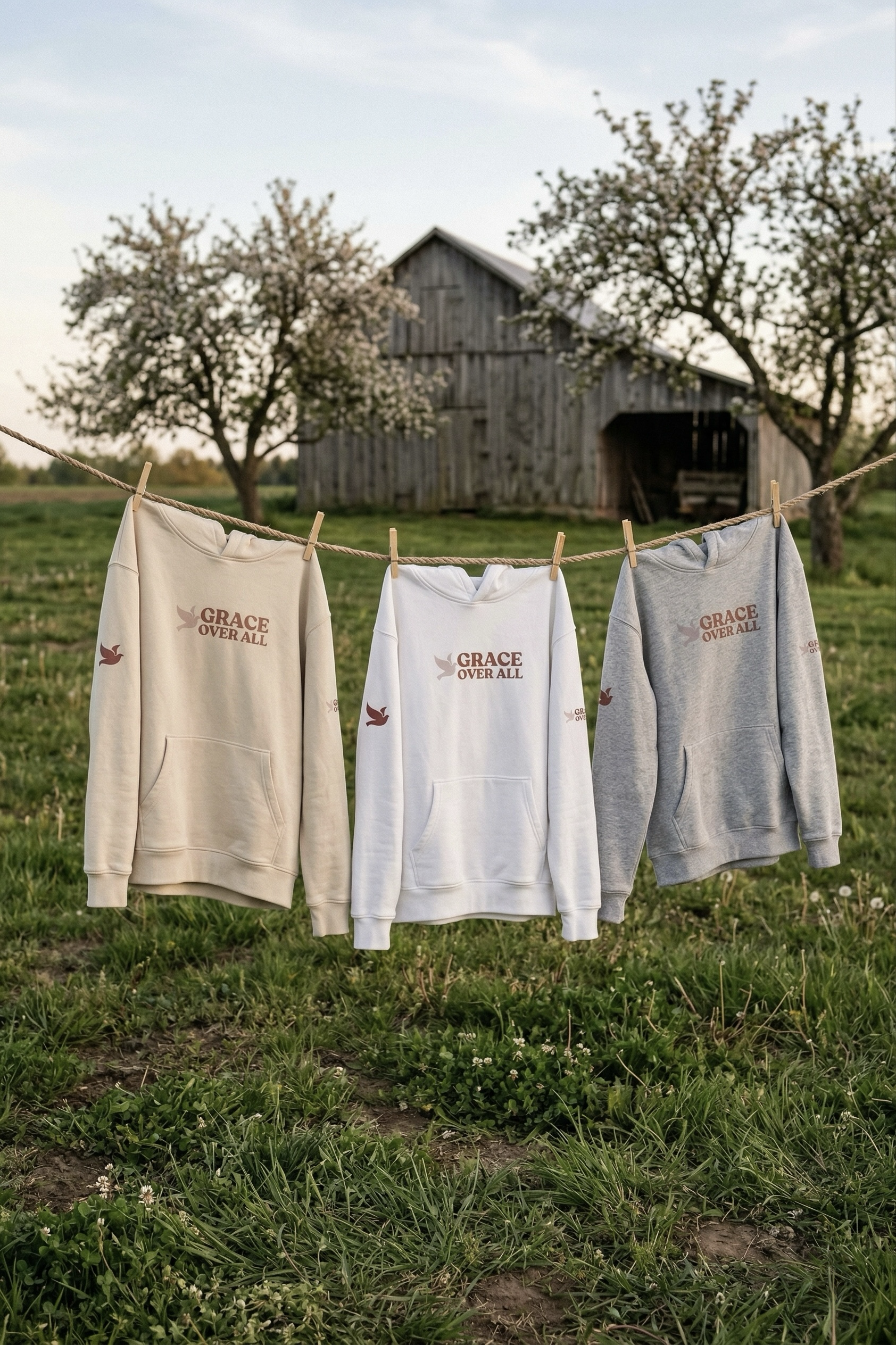 Grace Over All hoodies in neutral tones hanging outdoors in a peaceful field at sunset, representing faith-driven apparel worn in everyday life.