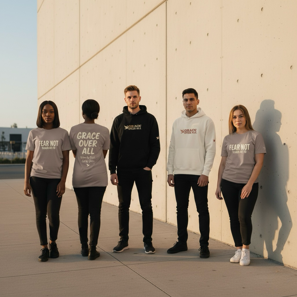 Group wearing Grace Over All minimalist streetwear collection against a concrete wall, representing faith, unity, and modern lifestyle.