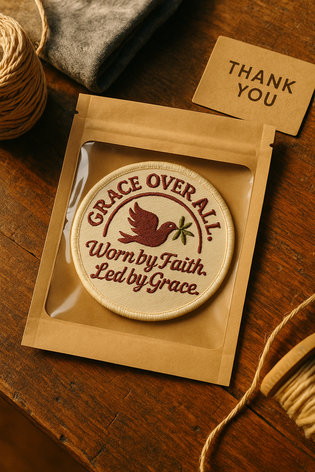 Grace Over All embroidered dove patch inside premium packaging with thank you card, showcasing faith-based brand experience and attention to detail.