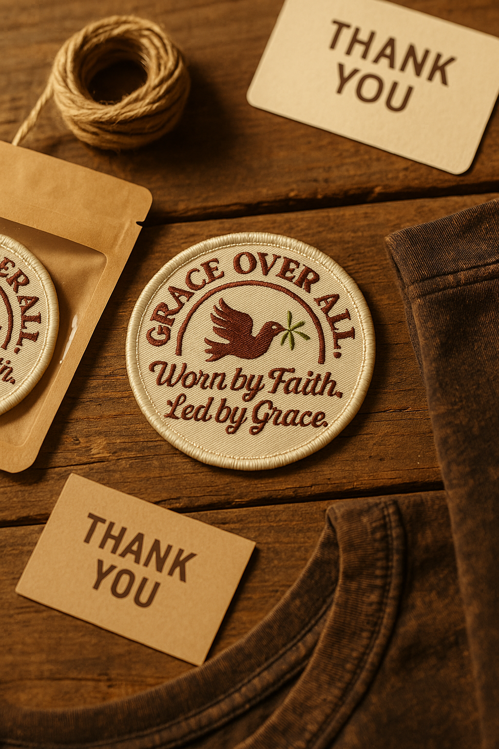 Grace Over All packaging details featuring a branded patch, thank you cards, and apparel, highlighting thoughtful presentation and faith-driven branding.